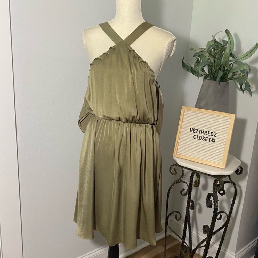 Guess Los Angeles Olive Green Satin Cold Shoulder Dress Size M Party Cocktail